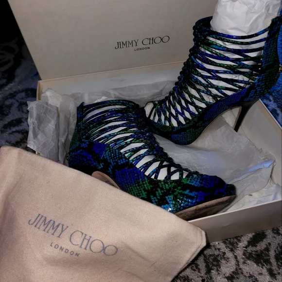 Jimmy Choo Blue and Green Strappy Heels - Picture 2 of 7